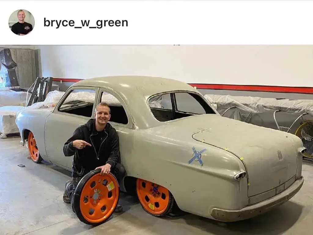 bryce_w_green Instagram post showing GuniWheel on a classic car restoration project